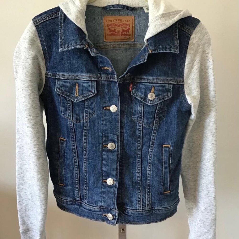 Levis Junior Boys/Girls SZ XS Gray Hoodie Sweatshirt Denim Hybrid Trucker Jacket